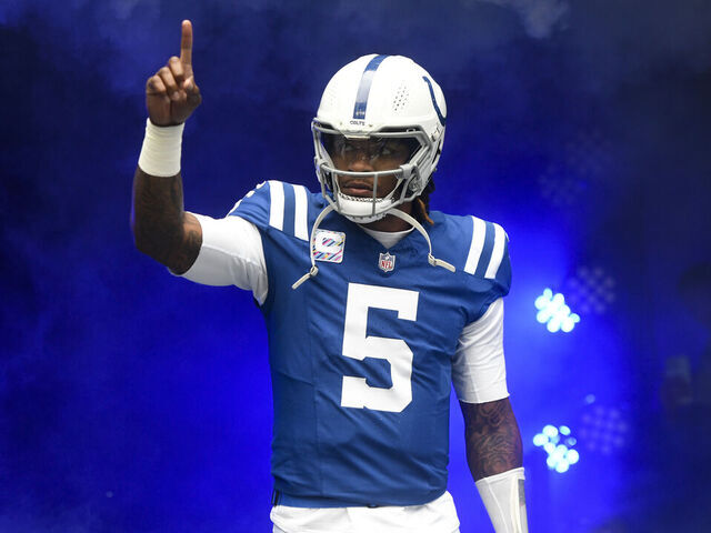 INDIANAPOLIS, IN - OCTOBER 08: Indianapolis Colts Quarterback Anthony Richardson (5) is introduced during pre-game festivities for the NFL game between the Tennessee Titans and the Indianapolis Colts on October 8, 2023, at Lucas Oil Stadium in Indianapolis, Indiana.