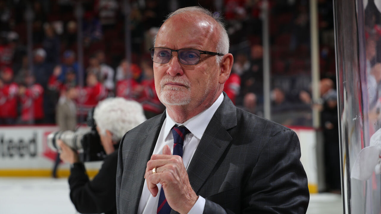 NEWARK, NJ - MAY 01: New Jersey Devils Head Coach Lindy Ruff celebrates the win of Game Seven of the First Round of the 2023 Stanley Cup Playoffs against the New York Rangers at the Prudential Center on May 1, 2023 in Newark, New Jersey.