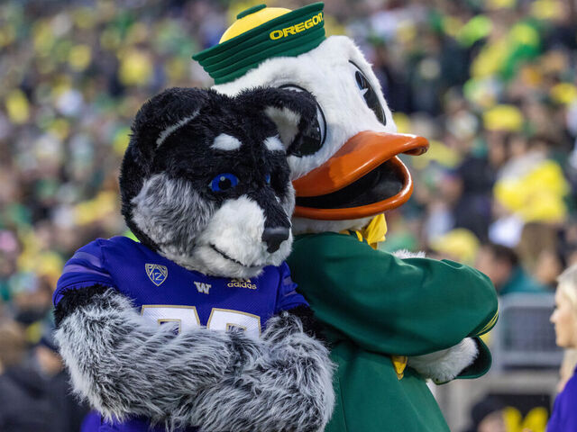 EUGENE, OR - NOVEMBER 12: Puddles the mascot of the Oregon Ducks cheers against the Washington Huskies at Autzen Stadium on November 12, 2022 in Eugene, Oregon.