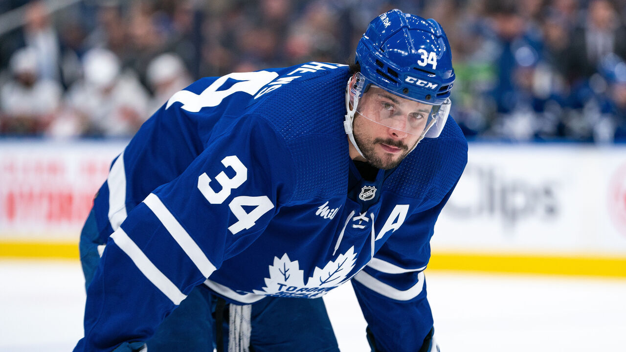 TORONTO, CANADA - MAY 04: Auston Matthews #34 of the Toronto Maple Leafs looks on against the Florida Panthers in Game Two of the Second Round of the 2023 Stanley Cup Playoffs at the Scotiabank Arena on May 04, 2023 in Toronto, Ontario, Canada.