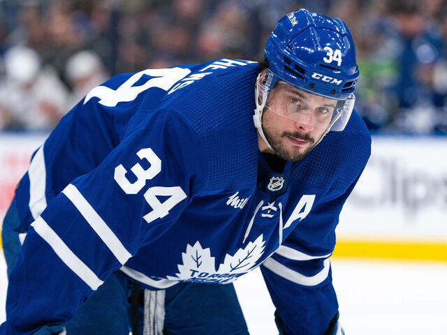 TORONTO, CANADA - MAY 04: Auston Matthews #34 of the Toronto Maple Leafs looks on against the Florida Panthers in Game Two of the Second Round of the 2023 Stanley Cup Playoffs at the Scotiabank Arena on May 04, 2023 in Toronto, Ontario, Canada.