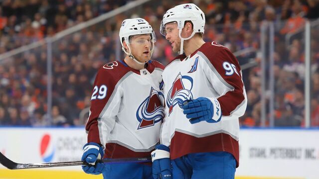 EDMONTON, CANADA - JANUARY 7: Nathan Mackinnon #29 of the Colorado Avalanche discuss face off strategy with Mikko Rantanen #96 in the first period against the Edmonton Oilers on January 7, 2023 at Rogers Place in Edmonton, Alberta, Canada.