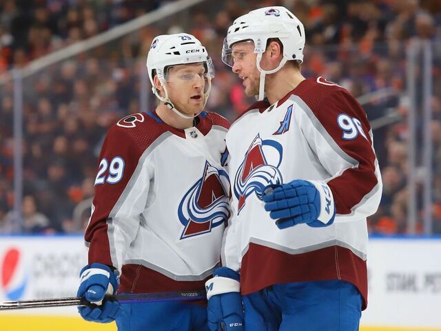 EDMONTON, CANADA - JANUARY 7: Nathan Mackinnon #29 of the Colorado Avalanche discuss face off strategy with Mikko Rantanen #96 in the first period against the Edmonton Oilers on January 7, 2023 at Rogers Place in Edmonton, Alberta, Canada.