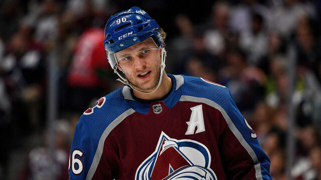 DENVER, COLORADO - APRIL 11: Mikko Rantanen #96 of the Colorado Avalanche looks on in the second period of a game against the Edmonton Oilers at Ball Arena on April 11, 2023 in Denver, Colorado.