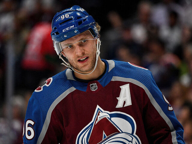 DENVER, COLORADO - APRIL 11: Mikko Rantanen #96 of the Colorado Avalanche looks on in the second period of a game against the Edmonton Oilers at Ball Arena on April 11, 2023 in Denver, Colorado.