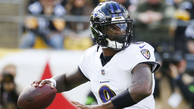 PITTSBURGH, PENNSYLVANIA - OCTOBER 08: Lamar Jackson #8 of the Baltimore Ravens attempts a pass during the first half against the Pittsburgh Steelers at Acrisure Stadium on October 08, 2023 in Pittsburgh, Pennsylvania.