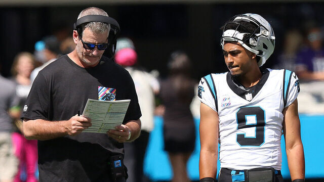 CHARLOTTE, NC - OCTOBER 01: Carolina Panthers head coach Frank Reich and Carolina Panthers quarterback Bryce Young (9) during an NFL football game between the Minnesota Vikings and the Carolina Panthers on October 1, 2023 at Bank of America Stadium in Charlotte, N.C.