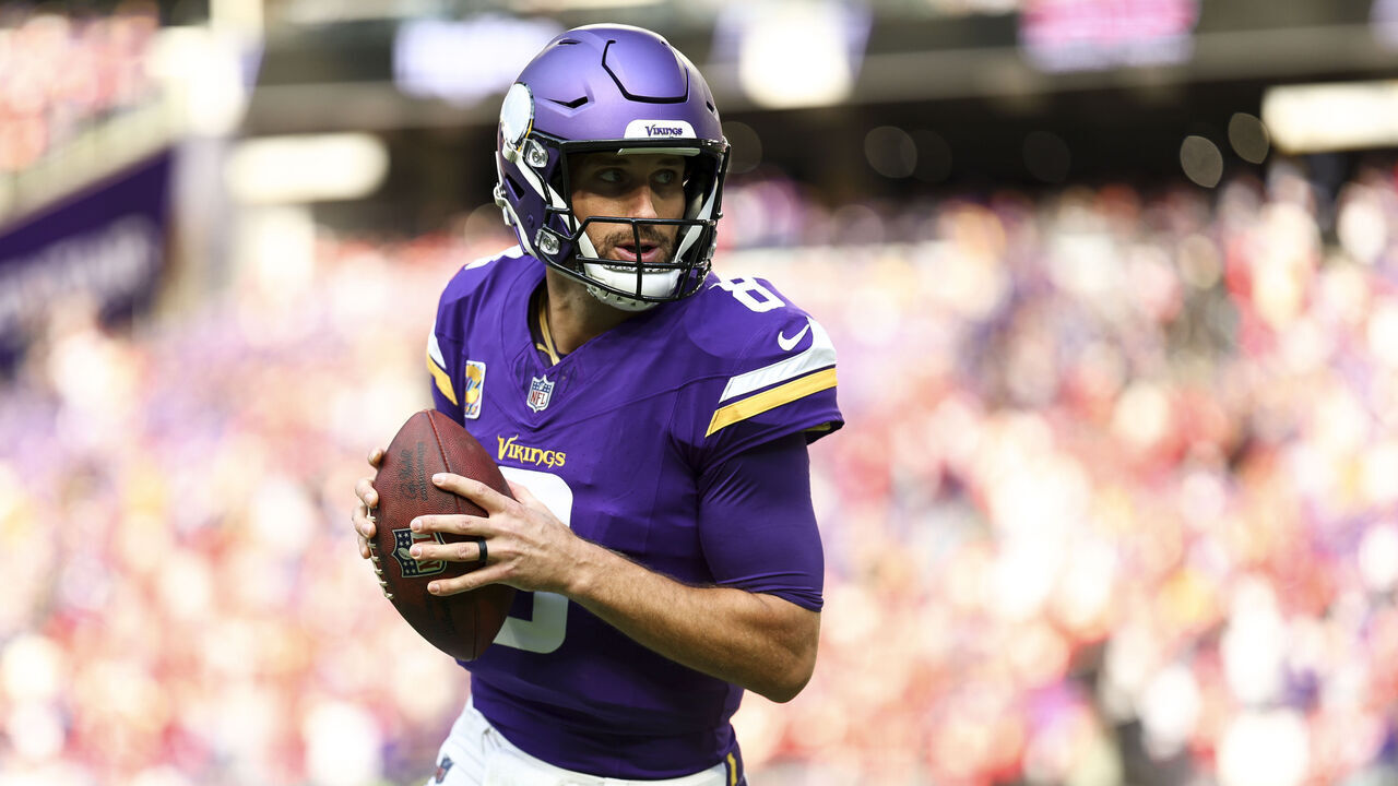 MINNEAPOLIS, MN - OCTOBER 8: Kirk Cousins #8 of the Minnesota Vikings warms up prior to an NFL football game against the Kansas City Chiefs at U.S. Bank Stadium on October 8, 2023 in Minneapolis, Minnesota.