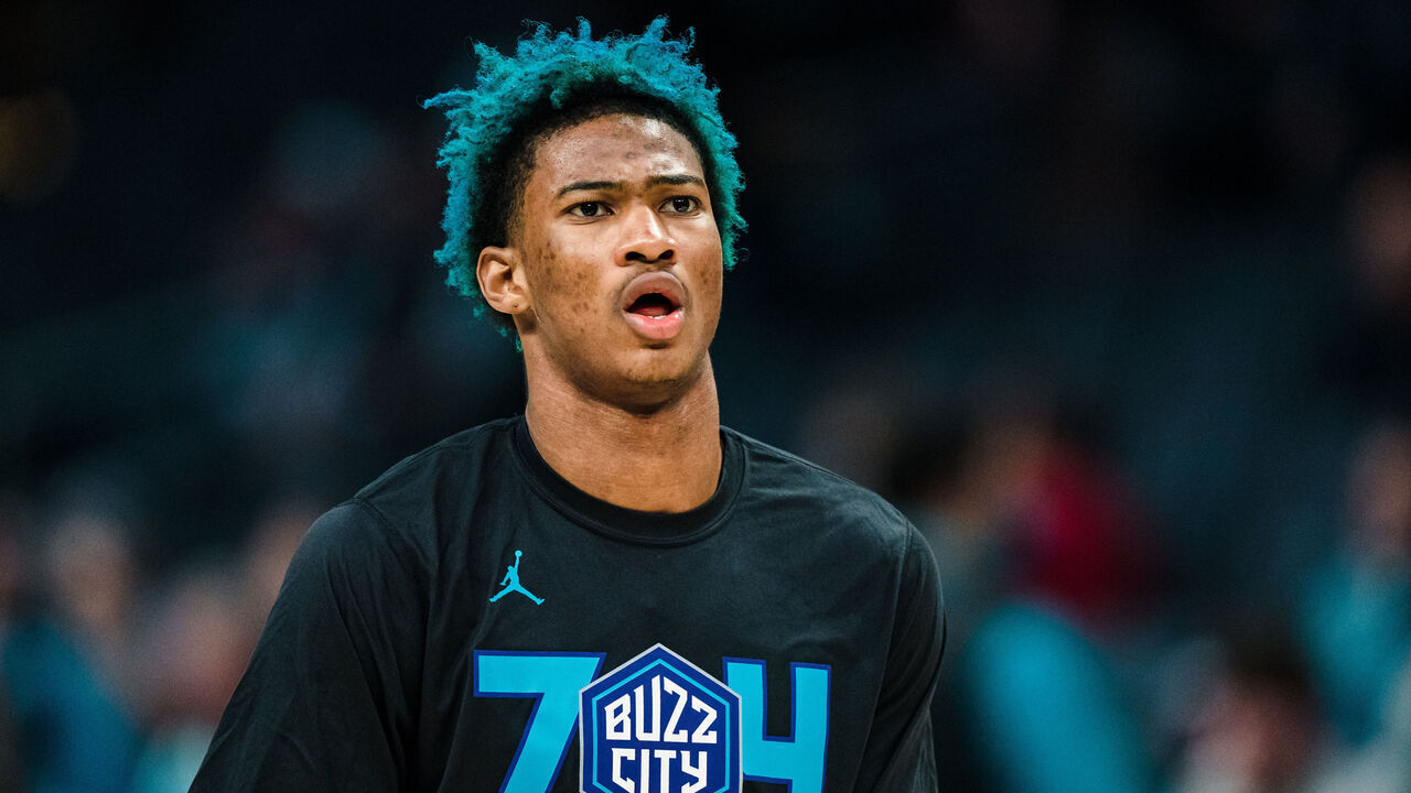 CHARLOTTE, NORTH CAROLINA - FEBRUARY 25: Kai Jones #23 of the Charlotte Hornets warms up before their game against the Miami Heat at Spectrum Center on February 25, 2023 in Charlotte, North Carolina.