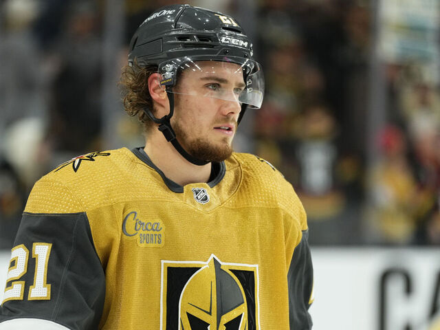 LAS VEGAS, NEVADA - MAY 21: Brett Howden #21 of the Vegas Golden Knights warms up prior to Game Two of the Western Conference Final of the 2023 Stanley Cup Playoffs against the Dallas Stars at T-Mobile Arena on May 21, 2023 in Las Vegas, Nevada.
