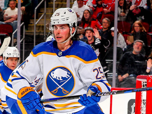 NEWARK, NJ - APRIL 11: Owen Power #25 of the Buffalo Sabres during the game against the New Jersey Devils on April 11, 2023 in Newark, New Jersey.