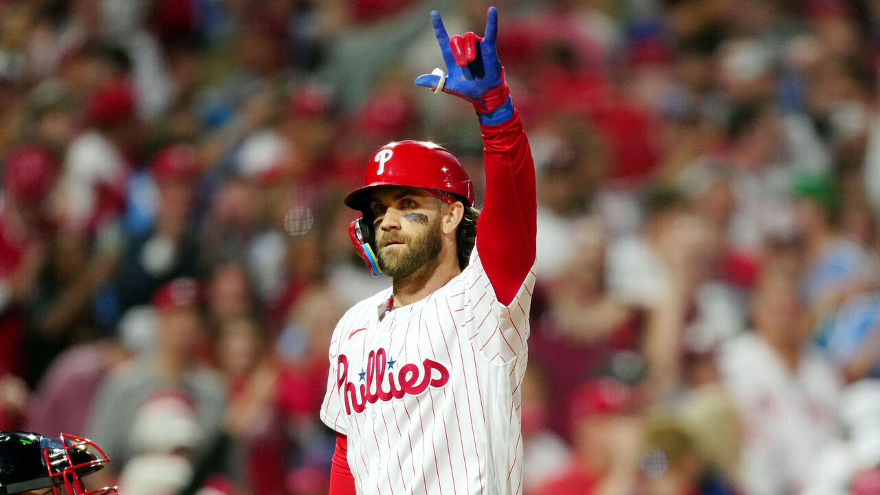 PHILADELPHIA, PA - OCTOBER 11: Bryce Harper #3 of the Philadelphia Phillies celebrates after hitting a solo home run in the fifth inning during Game 3 of the Division Series between the Atlanta Braves and the Philadelphia Phillies at Citizens Bank Park on Wednesday, October 11, 2023 in Philadelphia, Pennsylvania.