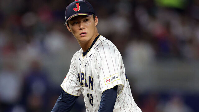 MIAMI, FLORIDA - MARCH 20: Yoshinobu Yamamoto #18 of Team Japan looks on during the fifth inning against Team Mexico during the World Baseball Classic Semifinals at loanDepot park on March 20, 2023 in Miami, Florida.