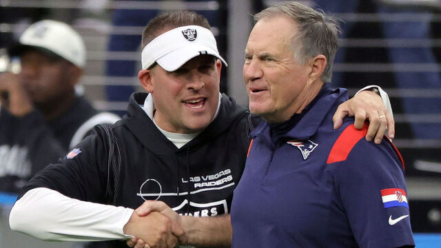 LAS VEGAS, NEVADA - DECEMBER 18: Head coach Josh McDaniels (L) of the Las Vegas Raiders and head coach Bill Belichick of the New England Patriots shake hands as they talk before their game at Allegiant Stadium on December 18, 2022 in Las Vegas, Nevada. The Raiders defeated the Patriots 30-24.