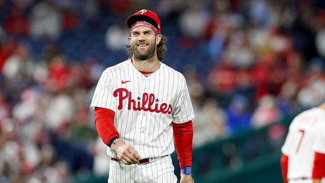 PHILADELPHIA, PA - SEPTEMBER 26: Philadelphia Phillies designated hitter Bryce Harper (3) smiles during a regular season game between the Pittsburgh Pirates and Philadelphia Phillies on September 26, 2023, at Citizens Bank Park in Philadelphia, PA.