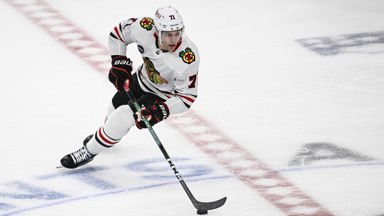 PITTSBURGH, PA - OCTOBER 10: Chicago Blackhawks left wing Taylor Hall (71) skates with the puck during the second period in the NHL game between the Pittsburgh Penguins and the Chicago Blackhawks on October 10, 2023, at PPG Paints Arena in Pittsburgh, PA.