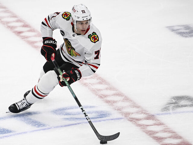 PITTSBURGH, PA - OCTOBER 10: Chicago Blackhawks left wing Taylor Hall (71) skates with the puck during the second period in the NHL game between the Pittsburgh Penguins and the Chicago Blackhawks on October 10, 2023, at PPG Paints Arena in Pittsburgh, PA.