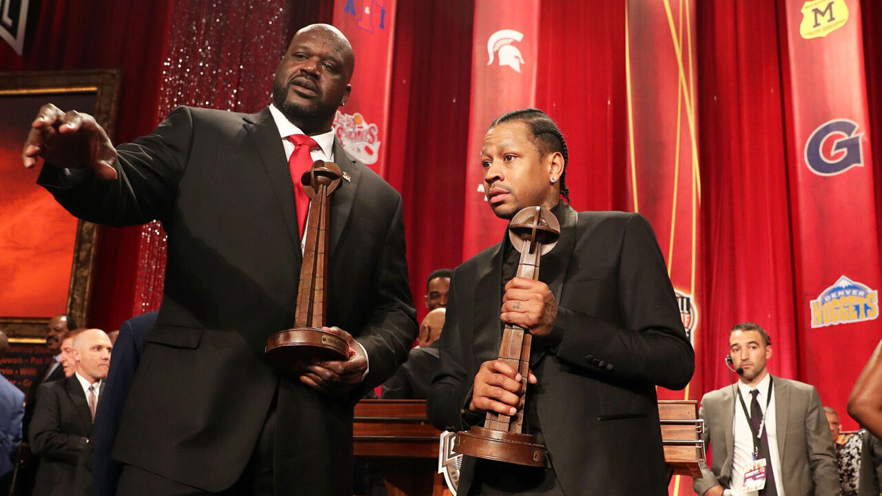 SPRINGFIELD, MA - SEPTEMBER 09: (L-R) Basketball Hall Of Fame inductees Shaquille O'Neal and Allen Iverson appear onstage during the Basketball Hall Of Fame Enshrinement Ceremony at Springfield Symphony Hall on September 9, 2016 in Springfield, Massachusetts.
