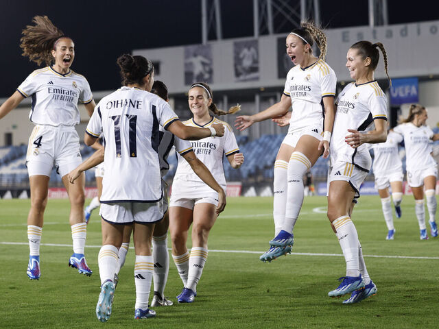 MADRID, SPAIN - OCTOBER 11: Real Madrid squad in action during the Real Madrid v Valerenga: UEFA Women's Champions League, Round 2 at Estadio Alfredo Di Stefano on October 11, 2023 in Madrid, Spain.
