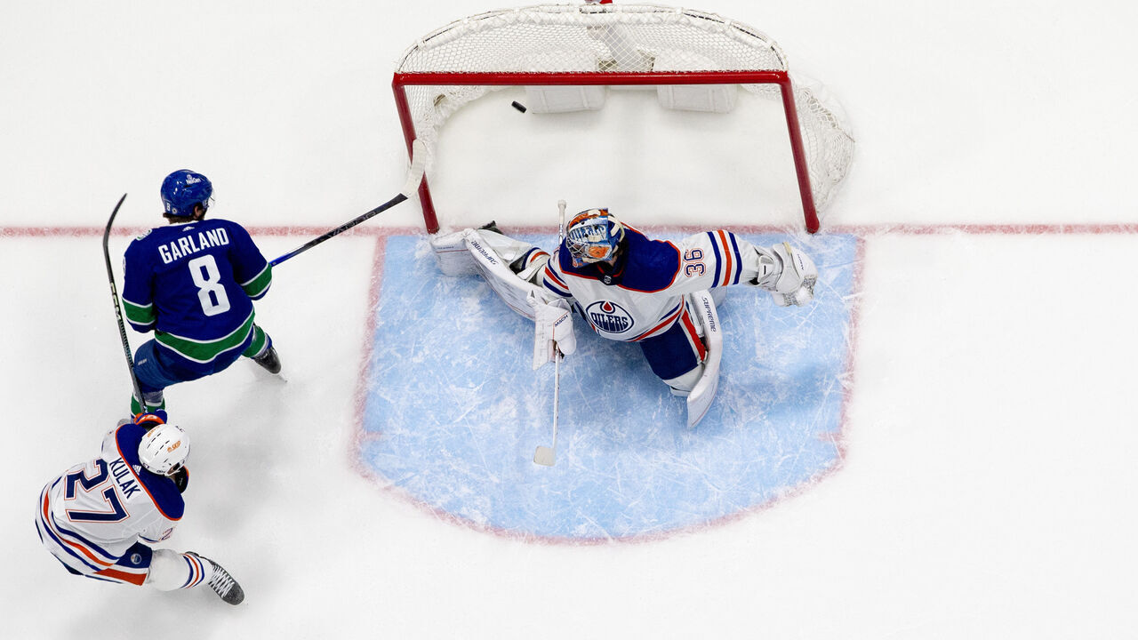 VANCOUVER, CANADA - OCTOBER 11: Conor Garland #8 of the Vancouver Canucks makes a goal on Jack Campbell #36 of the Edmonton Oilers during the first period of their NHL game at Rogers Arena October 11, 2023 in Vancouver, British Columbia, Canada.