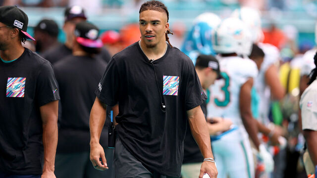 MIAMI GARDENS, FLORIDA - OCTOBER 08: Chase Claypool of the Miami Dolphins looks on during the second half of the game against the New York Giants at Hard Rock Stadium on October 08, 2023 in Miami Gardens, Florida.