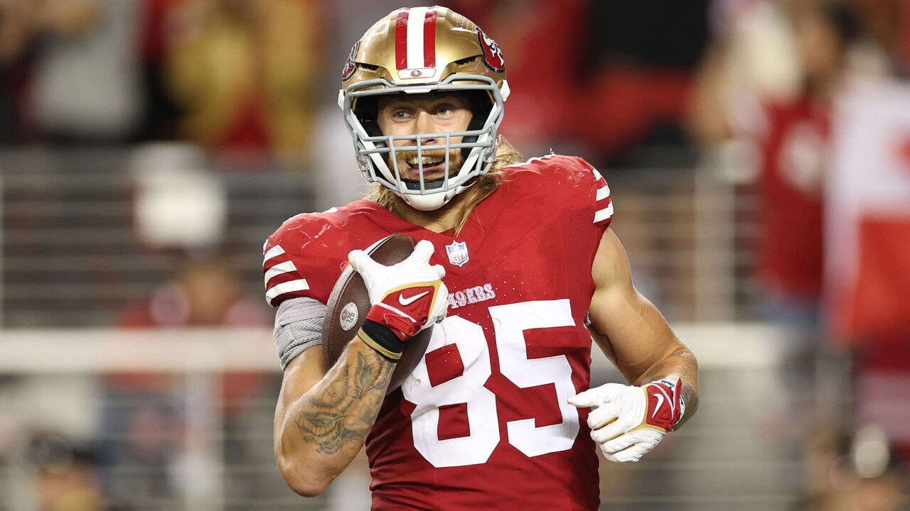 SANTA CLARA, CALIFORNIA - OCTOBER 08: George Kittle #85 of the San Francisco 49ers celebrates after a touchdown catch during the third quarter against the Dallas Cowboys at Levi's Stadium on October 08, 2023 in Santa Clara, California.