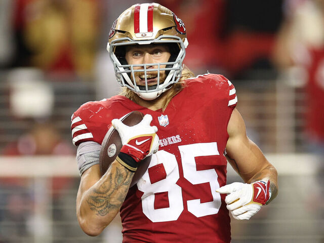 SANTA CLARA, CALIFORNIA - OCTOBER 08: George Kittle #85 of the San Francisco 49ers celebrates after a touchdown catch during the third quarter against the Dallas Cowboys at Levi's Stadium on October 08, 2023 in Santa Clara, California.