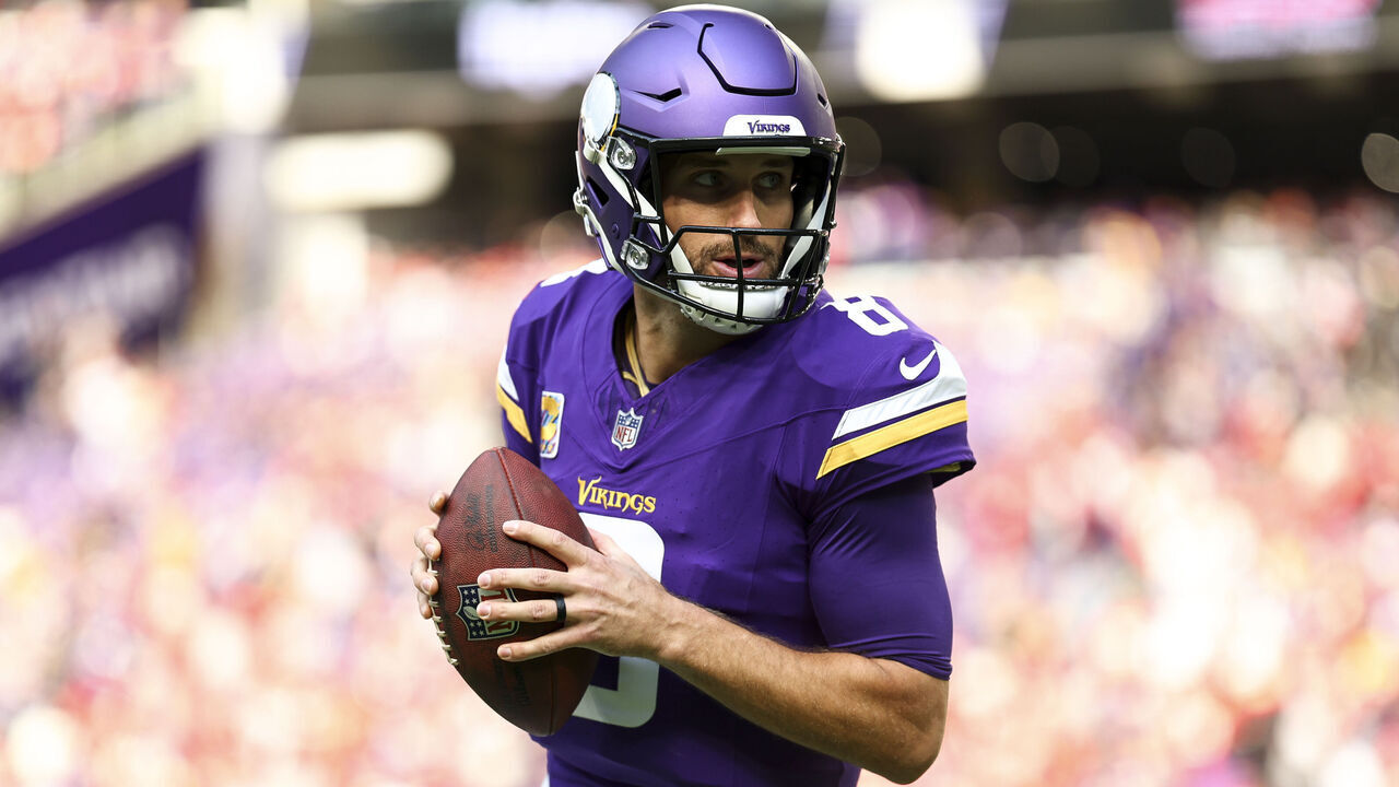MINNEAPOLIS, MN - OCTOBER 8: Kirk Cousins #8 of the Minnesota Vikings warms up prior to an NFL football game against the Kansas City Chiefs at U.S. Bank Stadium on October 8, 2023 in Minneapolis, Minnesota.
