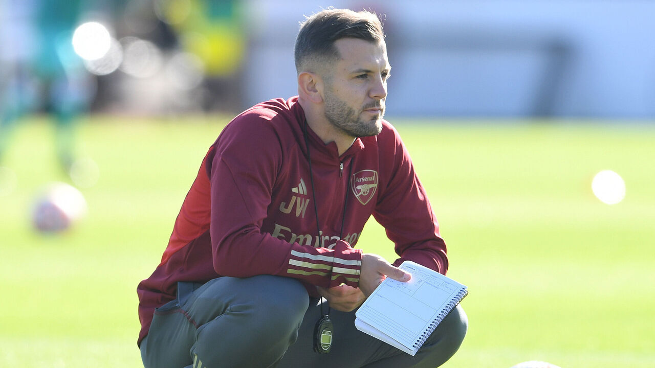 ST ALBANS, ENGLAND - SEPTEMBER 23: Arsenal U18 Head Coach Jack Wilshere before the U18 Premier League match between Arsenal U18 and Southampton U at London Colney on September 23, 2023 in St Albans, England.