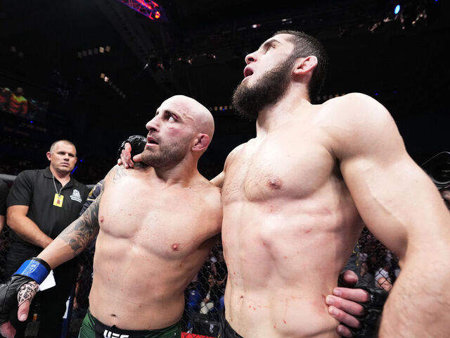 PERTH, AUSTRALIA - FEBRUARY 12: (R-L) Islam Makhachev of Russia and Alexander Volkanovski of Australia talk after their UFC lightweight championship fight during the UFC 284 event at RAC Arena on February 12, 2023 in Perth, Australia.