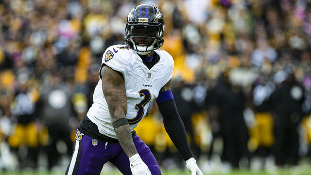 PITTSBURGH, PA - OCTOBER 08: Baltimore Ravens wide receiver Odell Beckham Jr. (3) looks on during the regular season NFL football game between the Baltimore Ravens and Pittsburgh Steelers on October 08, 2023 at Acrisure Stadium in Pittsburgh, PA.