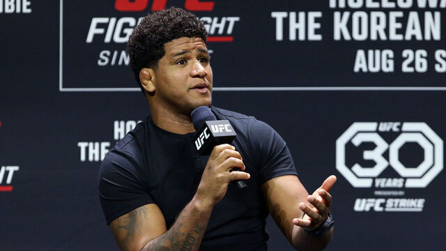 SINGAPORE, SINGAPORE - AUGUST 25: Gilbert Burns is seen during a Q&A session after the UFC Fight Night ceremonial weigh-in at Singapore Indoor Stadium on August 25, 2023 in Singapore.