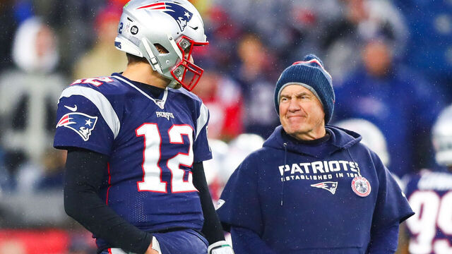 FOXBOROUGH, MA - NOVEMBER 24: Tom Brady #12 talks to head coach Bill Belichick of the New England Patriots before a game against the Dallas Cowboys at Gillette Stadium on November 24, 2019 in Foxborough, Massachusetts.