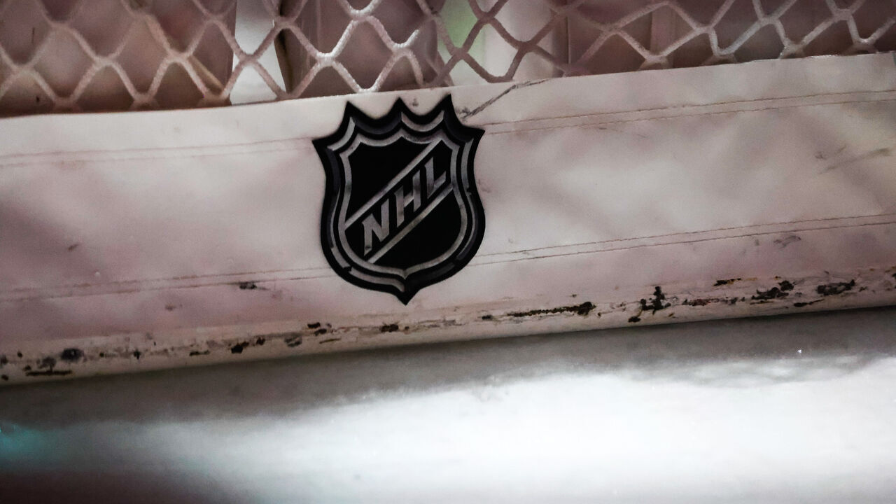 RALEIGH, NC - APRIL 04: NHL logo on a goal net prior to the first period the game Carolina Hurricanes against the Ottawa Senators at PNC Arena on April 04, 2023 in Raleigh, North Carolina. *