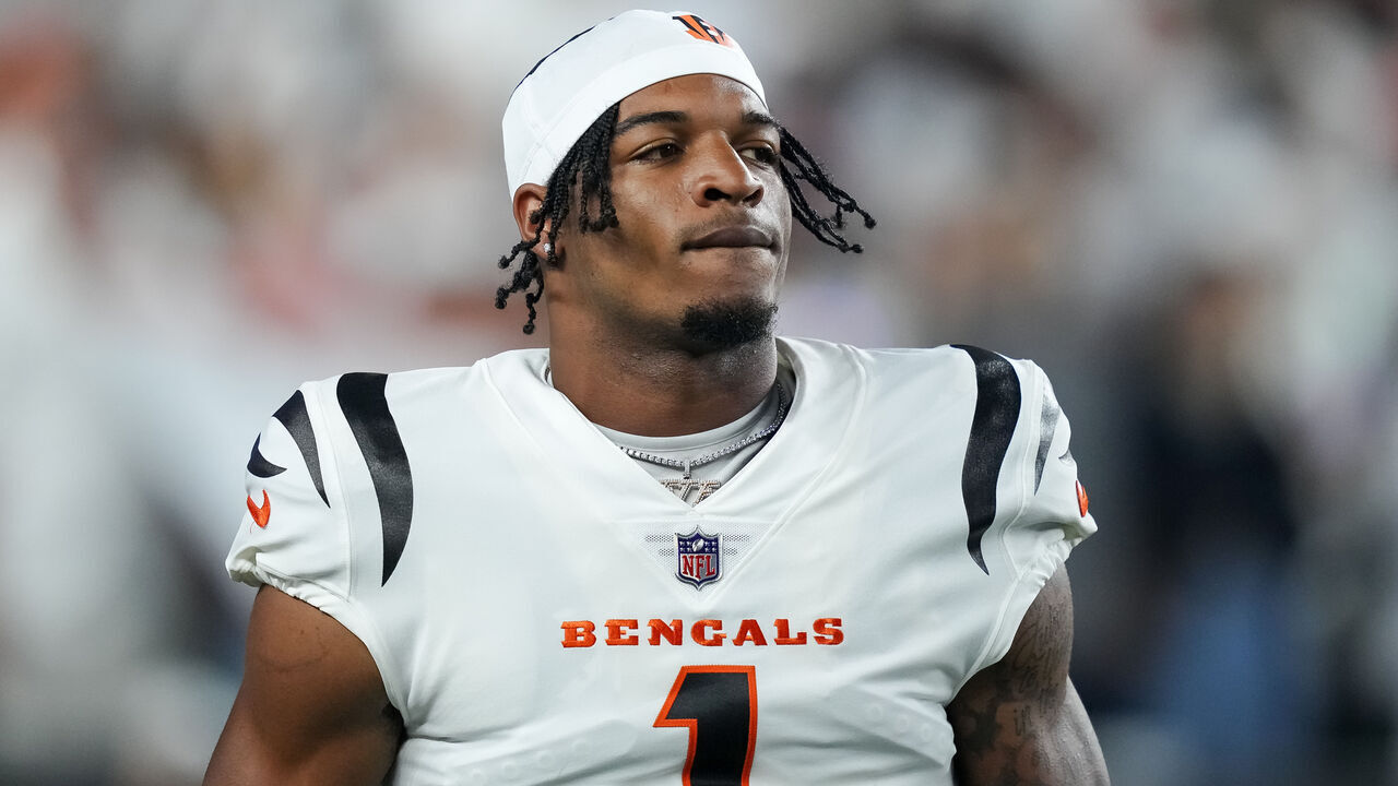 CINCINNATI, OHIO - SEPTEMBER 25: Ja'Marr Chase #1 of the Cincinnati Bengals walks across the field before the game against the Los Angeles Rams at Paycor Stadium on September 25, 2023 in Cincinnati, Ohio.