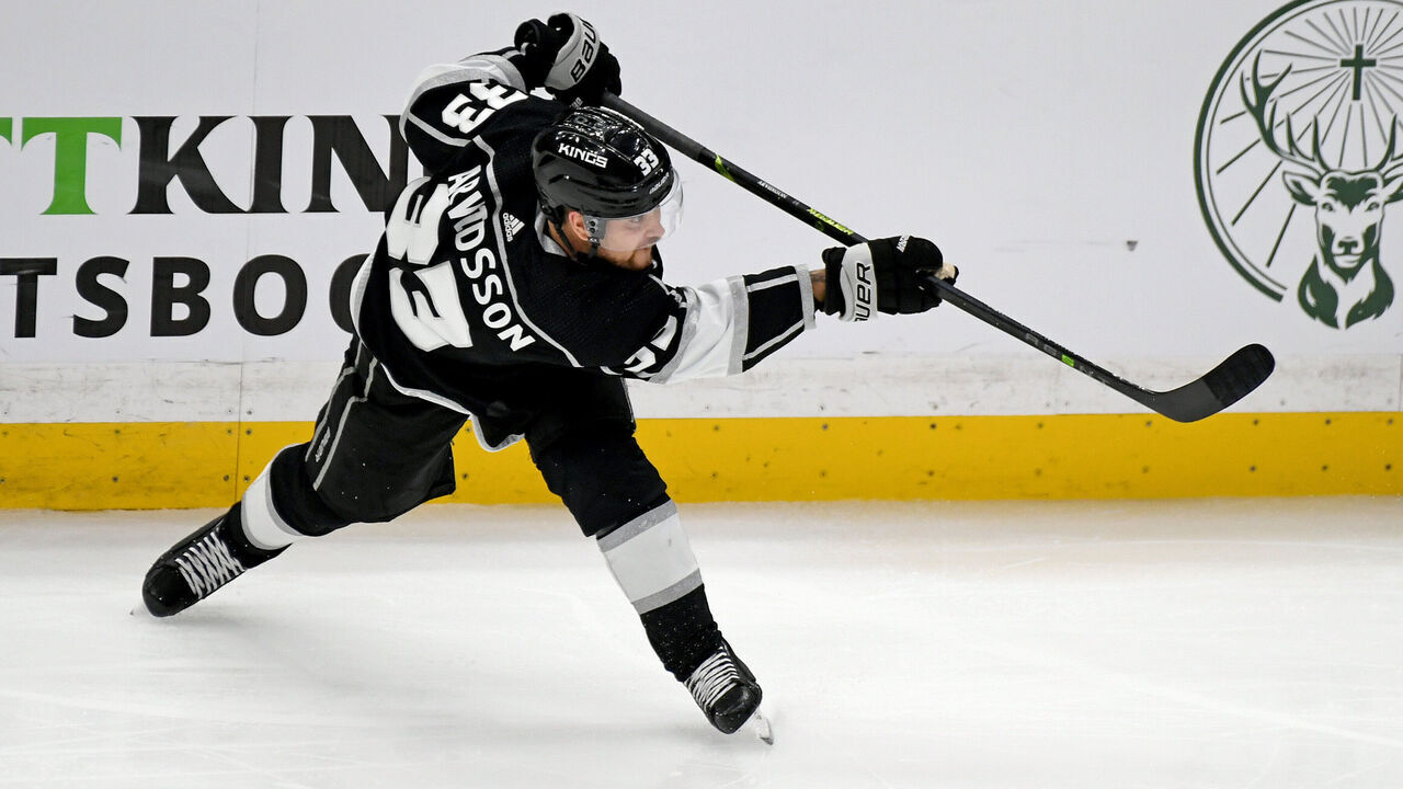 LOS ANGELES, CA - APRIL 23: Los Angeles Kings Right Wing Viktor Arvidsson (33) takes a shot on net during a NHL First Round Western Conference Playoff game between the Edmonton Oilers and the Los Angeles Kings on April 23rd, 2023, at the Crypto.com Arena in Los Angeles, CA.