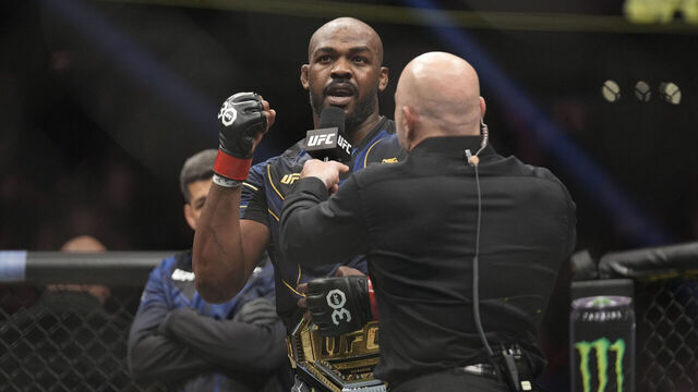 LAS VEGAS, NV - MARCH 4: Jon Jones celebrates his victory over Ciryl Gane in their Heavyweight fight during the UFC 285 event at T-Mobile Arena on March 4, 2023 in Las Vegas, NV, USA.