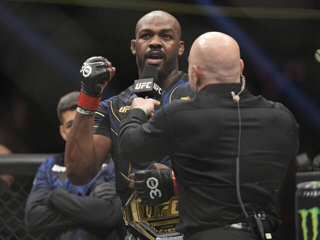 LAS VEGAS, NV - MARCH 4: Jon Jones celebrates his victory over Ciryl Gane in their Heavyweight fight during the UFC 285 event at T-Mobile Arena on March 4, 2023 in Las Vegas, NV, USA.