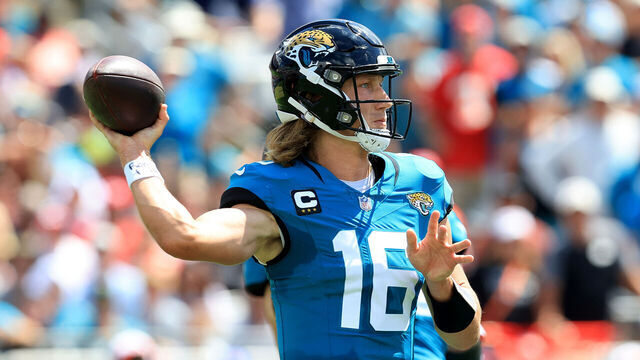 JACKSONVILLE, FLORIDA - SEPTEMBER 17: Trevor Lawrence #16 of the Jacksonville Jaguars attempts a pass during the game against the Kansas City Chiefs at EverBank Field on September 17, 2023 in Jacksonville, Florida.