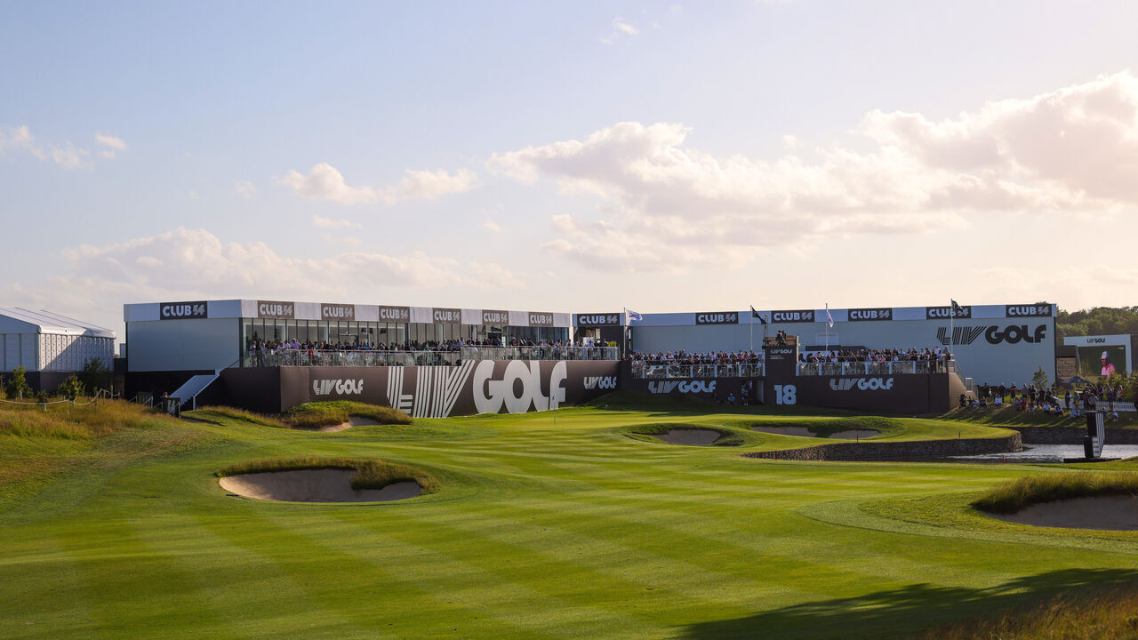 ST ALBANS, ENGLAND - JUNE 10: General view on the 18th green during day two of the LIV Golf Invitational - London at The Centurion Club on June 10, 2022 in St Albans, England.