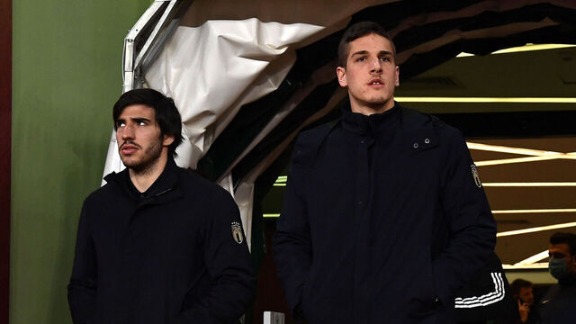 KONYA, TURKEY - MARCH 28: Nicolo Zaniolo and Sandro Tonali of Italy look on at Konya Stadium on March 28, 2022 in Konya, Turkey.