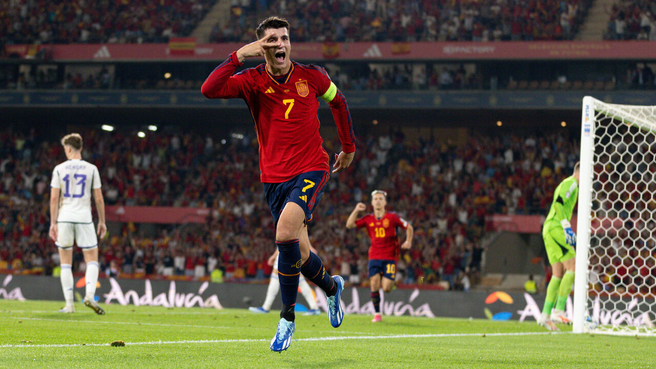 SEVILLE, SPAIN - OCTOBER 12: Alvaro Morata of Spain celebrates after scoring the team's first goal during the UEFA EURO 2024 European qualifier match between Spain and Scotland at Estadio de La Cartuja on October 12, 2023 in Seville, Spain.