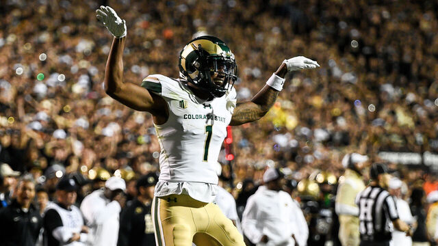BOULDER, CO - SEPTEMBER 16: Defensive back Chigozie Anusiem #1 of the Colorado State Rams celebrates a defensive play in the first overtime period against the Colorado Buffaloes at Folsom Field on September 16, 2023 in Boulder, Colorado.