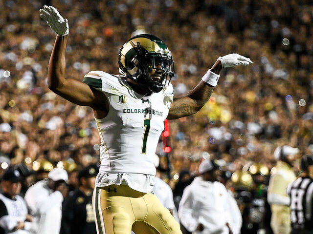 BOULDER, CO - SEPTEMBER 16: Defensive back Chigozie Anusiem #1 of the Colorado State Rams celebrates a defensive play in the first overtime period against the Colorado Buffaloes at Folsom Field on September 16, 2023 in Boulder, Colorado.