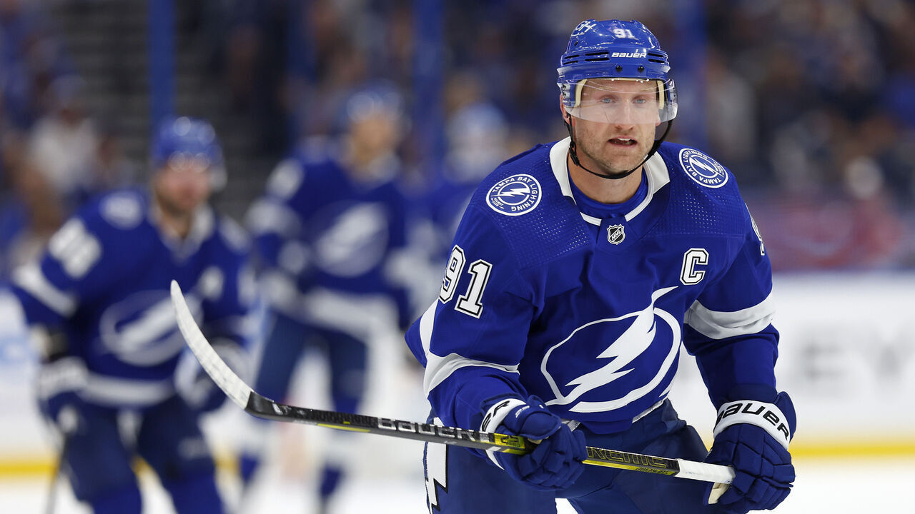 TAMPA, FLORIDA - OCTOBER 10: Steven Stamkos #91 of the Tampa Bay Lightning looks on during the opening night game against the Nashville Predators at Amalie Arena on October 10, 2023 in Tampa, Florida.