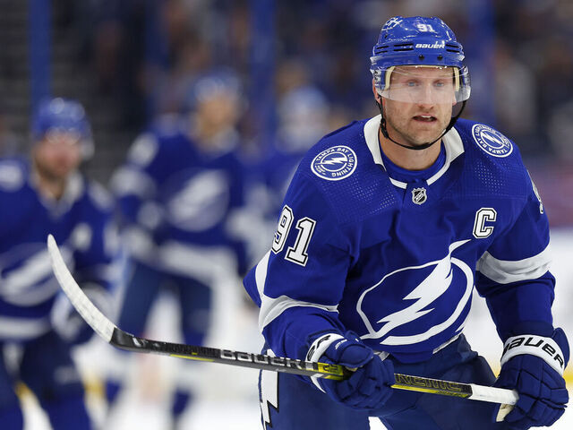 TAMPA, FLORIDA - OCTOBER 10: Steven Stamkos #91 of the Tampa Bay Lightning looks on during the opening night game against the Nashville Predators at Amalie Arena on October 10, 2023 in Tampa, Florida.