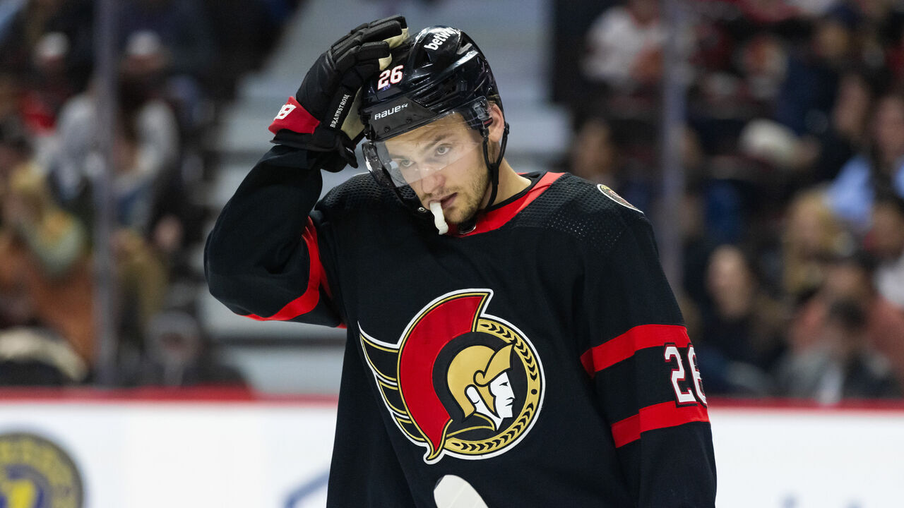 Ottawa, ON - October 07: Ottawa Senators Defenceman Erik Brannstrom (26) before a face-off during second period National Hockey League action between the Montreal Canadiens and Ottawa Senators on October 7, 2023, at Canadian Tire Centre in Ottawa, ON, Canada.