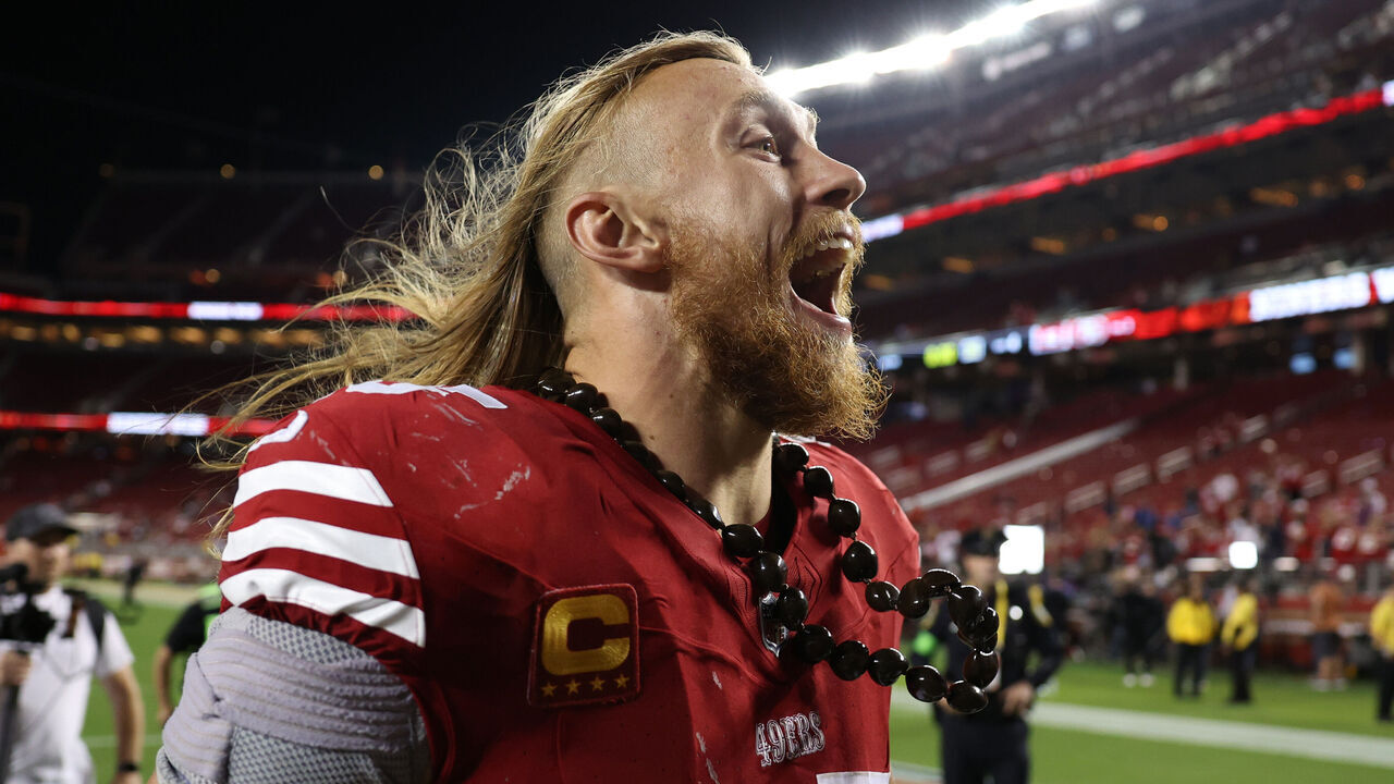 SANTA CLARA, CALIFORNIA - OCTOBER 08: George Kittle #85 of the San Francisco 49ers reacts after a 42-10 victory against the Dallas Cowboys at Levi's Stadium on October 08, 2023 in Santa Clara, California.