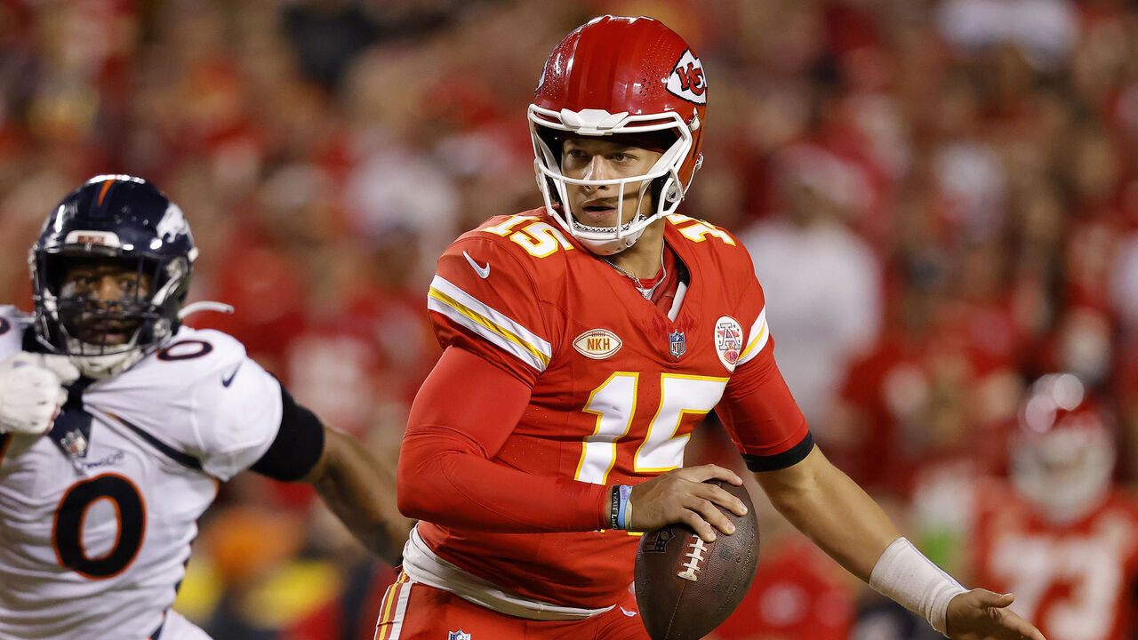 KANSAS CITY, MISSOURI - OCTOBER 12: Patrick Mahomes #15 of the Kansas City Chiefs looks to pass during the second quarter against the Denver Broncos at GEHA Field at Arrowhead Stadium on October 12, 2023 in Kansas City, Missouri.