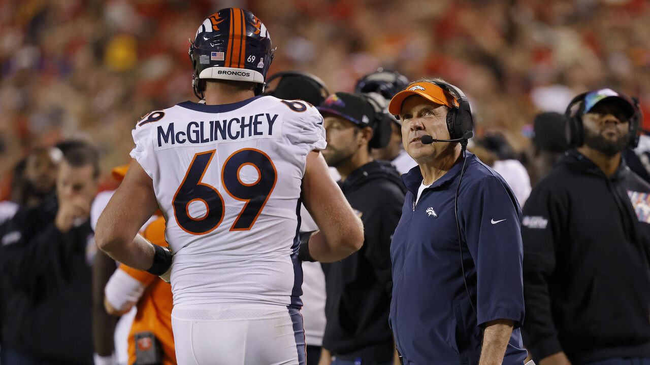 KANSAS CITY, MISSOURI - OCTOBER 12: Head coach Sean Payton of the Denver Broncos reacts against the Kansas City Chiefs during the second quarter at GEHA Field at Arrowhead Stadium on October 12, 2023 in Kansas City, Missouri.
